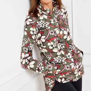 T by Talbots Classic French Terry Half Zip Pullover 2X Retro Floral Feminine
